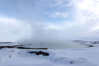 Scenic view of snow covered landscape against sky