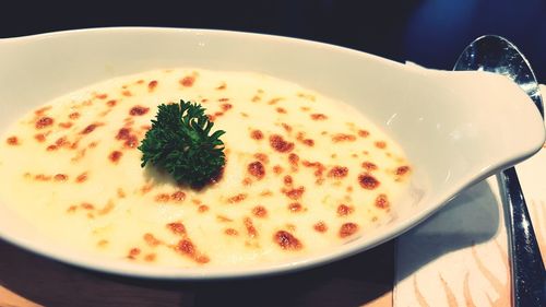 Close-up of soup in bowl on table