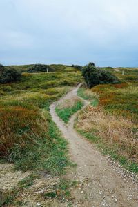 Dirt road amidst field against sky