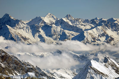 Scenic view of snow covered mountains against sky