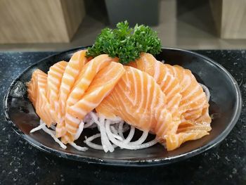 High angle view of seafood in plate on table