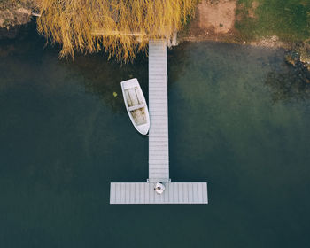 High angle view of boat floating on lake