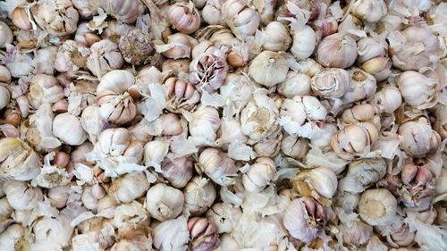 Full frame shot of garlic bulbs on sunny day