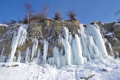 Low angle view of icicles against clear sky