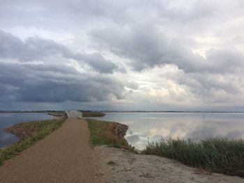 Scenic view of sea against storm clouds