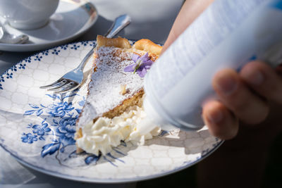 Close-up of hand holding cake slice in plate