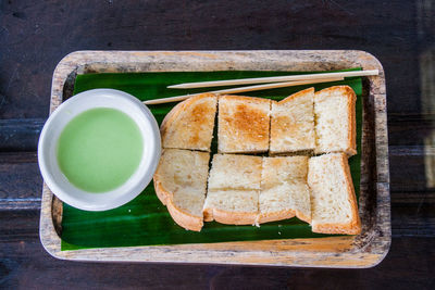 High angle view of breakfast on table