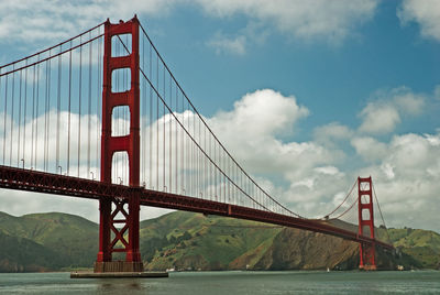View of suspension bridge against cloudy sky
