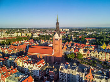 High angle view of buildings in city, aerial view of the old town in elblag, poland