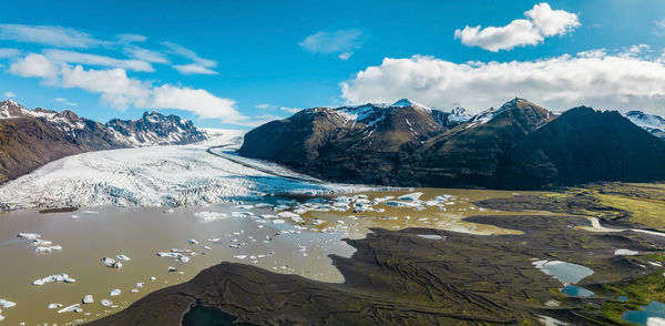 Aerial panoramic view of the skaftafell glacier, iceland