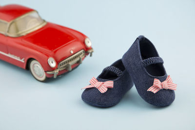 Close-up of toy car on white background