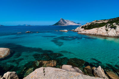 Scenic view of sea against clear blue sky