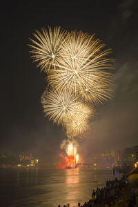 Low angle view of firework display over sea against sky at night