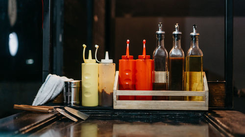 Close-up of bottles on table yatai