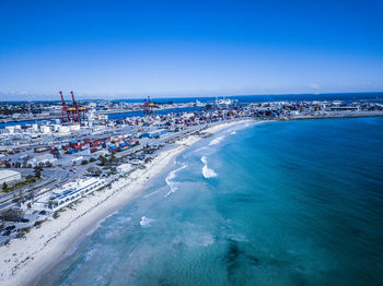 High angle view of beach against blue sky