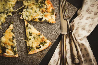 High angle view of pizza on table