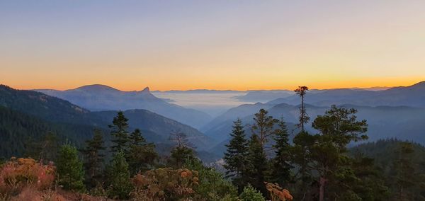 Scenic view of mountains against sky during sunset