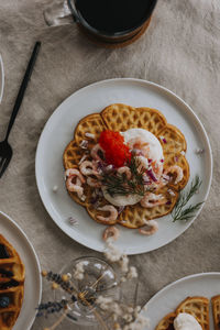 High angle view of waffles on plate