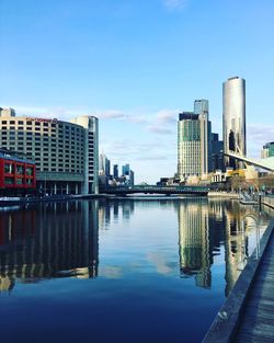 Reflection of buildings in city against sky