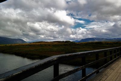 Scenic view of lake against cloudy sky