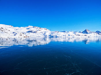 Scenic view of snowcapped mountains against blue sky