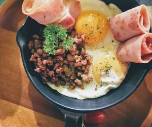 High angle view of breakfast served on table