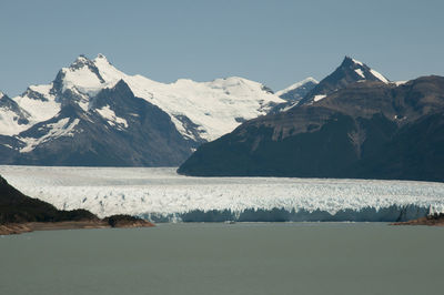 Scenic view of snowcapped mountains against clear sky