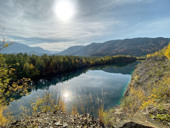 Scenic view of lake and mountains against sky