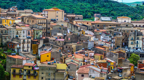 High angle view of buildings in city