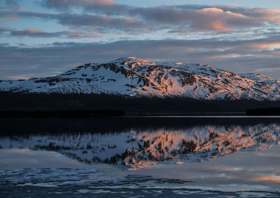 Scenic view of lake by snowcapped mountains against sky during sunset