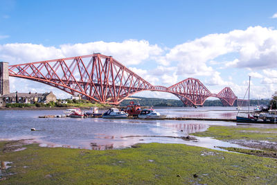 Bridge over river with city in background