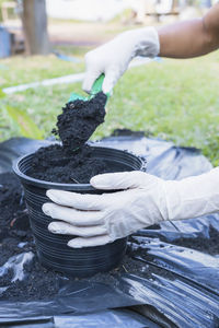 Midsection of woman holding potted plant