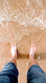 Low section of man standing on beach