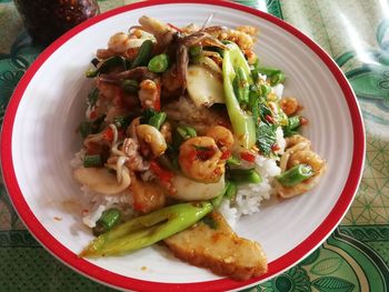 High angle view of salad in plate on table