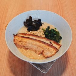 High angle view of meal served on table