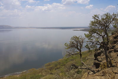 Scenic view of lake against cloudy sky