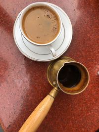 High angle view of coffee cup on table