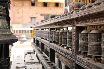 Prayer wheels at buddhist temple