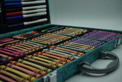 High angle view of multi colored pencils on table