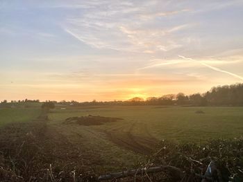 Scenic view of field against sky during sunset