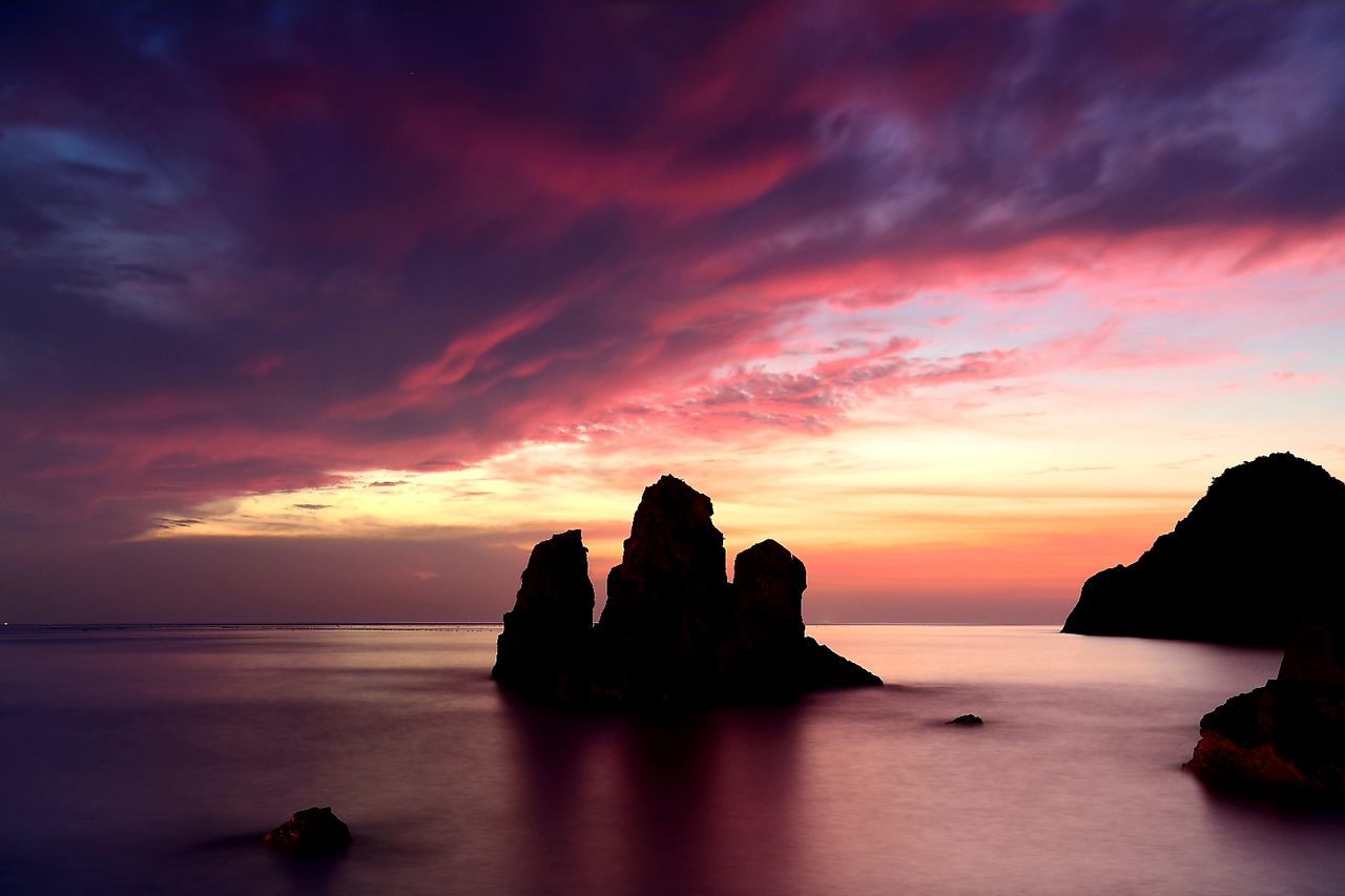 sky, sea, water, sunset, cloud - sky, scenics - nature, tranquil scene, beauty in nature, tranquility, horizon over water, rock, horizon, idyllic, nature, rock - object, no people, waterfront, rock formation, headland, stack rock