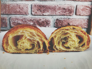 Close-up of bread on table against wall