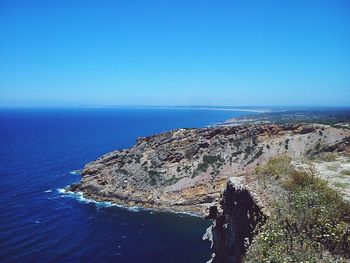 Scenic view of sea against clear blue sky