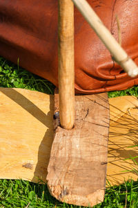 High angle view of wood working