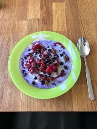 High angle view of breakfast served on table