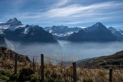 Scenic view of snowcapped mountains against sky