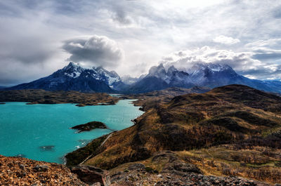 Scenic view of snowcapped mountains against sky