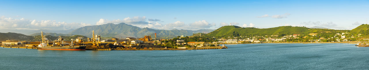 Panoramic view of sea and mountains against sky