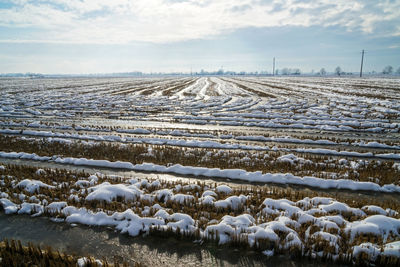 Snow covered field against sky