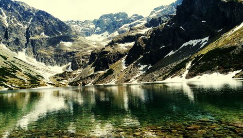 Scenic view of lake and mountains against sky